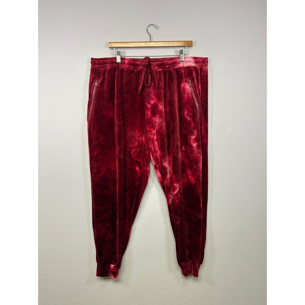 Y2K Eye Candy Womens 3X Red Tie Dye Velour Jogger‎ Pants Zipper Pockets Plush